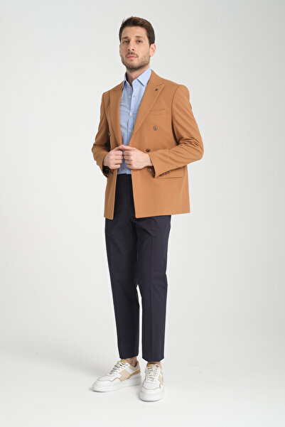 Frappoli Baselna Krv Erkek Hardal Kruvaze 6 Adet Metal Düğmeli 4 Mevsim Blazer Ceket