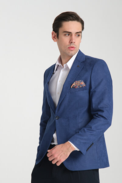 Frappoli Adelfo Чоловічий синій діагональний замшевий піджак зі звуженим кроєм та монокомір