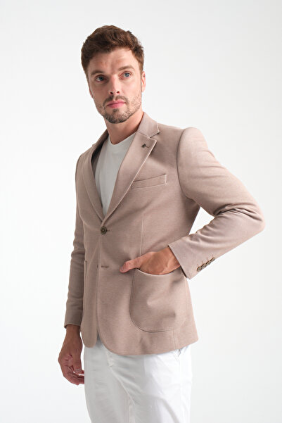 Frappoli Abrines Erkek Koyu Bej Yarım Astarlı Torba Cepli Pamuk Karışımlı Likralı Esnek Kumaşlı Blazer Ceket
