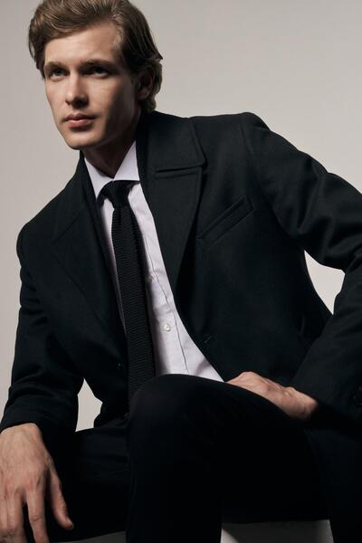 İmza Palton negru cu guler mono, croială clasică confortabilă, elastic, din c...