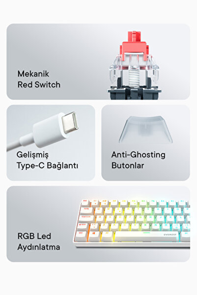 Everest Amber Type-C Bağlantılı RGB Ledli Mekanik Gaming Oyuncu Klavye Q Red Switch