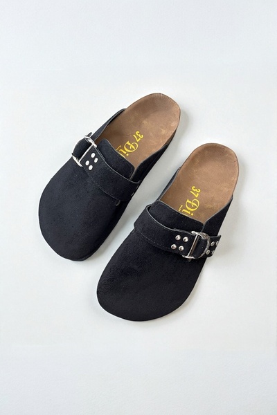 Dilesa Black Staple Detailed Premium Suede Slippers