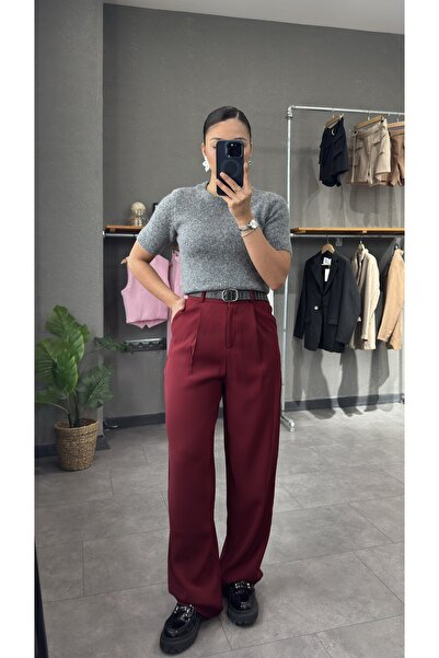 YOUR NAME Pantaloni Palazzo de damă cu talie înaltă plisate bordeaux