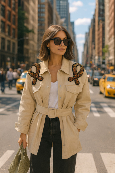 GZ Design Omuzları 3 Renk Işlemeli Krem Jean Ceket