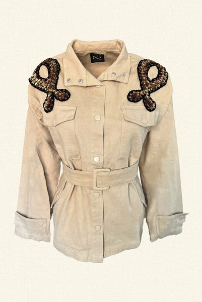 GZ Design Cream Jean Jacket with 3 Colors Embroidered Shoulders