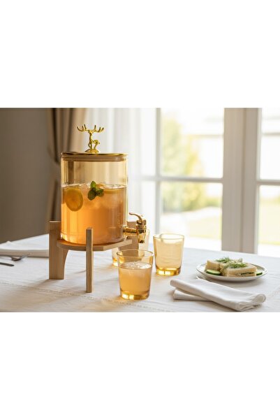 Elta Collection Gold Cam Şerbetlik Meşrubatlık – Musluklu ve Ahşap Standlı 3.6 Litre