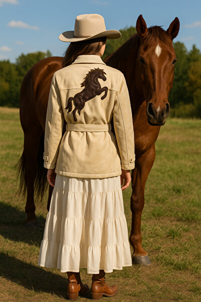 GZ Design Deri Üzeri Boncuk Işlemeli At Figürlü Krem Renk Jean Ceket