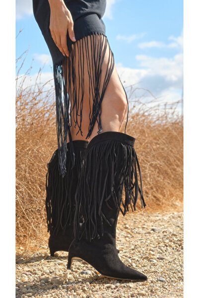 Mio Gusto Nikki Black Color Tasseled Women's Boots