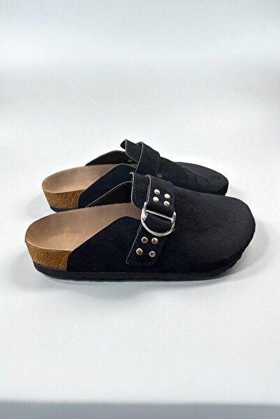 Dilesa Black Staple Detailed Premium Suede Slippers