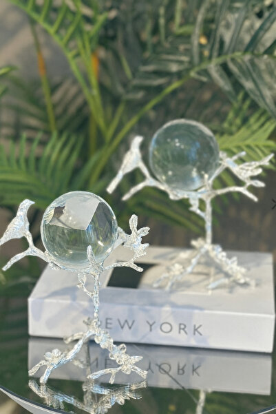 Elta Collection Gümüs Kuş Figürlü Şeffaf Kristal Küre Dekoratif Aksesuar