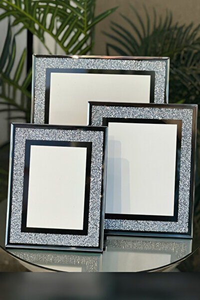 Elta Collection Lüks Gümüş Taşlı Cam Fotoğraf Çerçevesi 3’lü Set (10x15 – 13x...