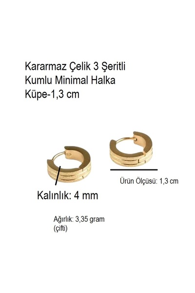 Siya Silver Kararmaz Çelik 3 Şeritli Kumlu Minimal Halka Küpe-1,3 cm