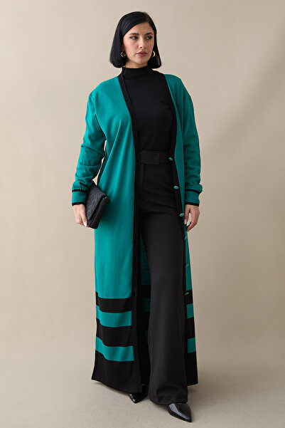 InStyle Stripe Detail Long Emerald Green Knitwear Cardigan