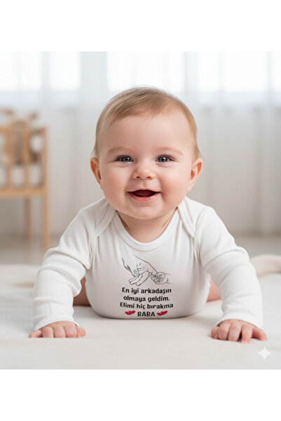 vitmo Özel Tasarım Elimi Bırakma Baba %100 Doğal Pamuk Organik Baskılı Çıtçıtlı Uzun Kollu Body Zıbın Bebe