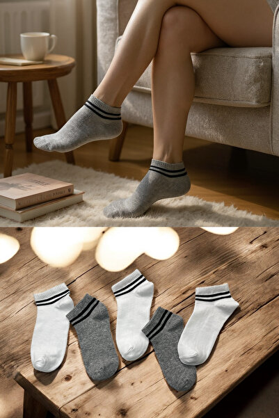 KAYSSOCK مجموعة من 5 جوارب نسائية ورجالية مخططة باللونين الأبيض والرمادي