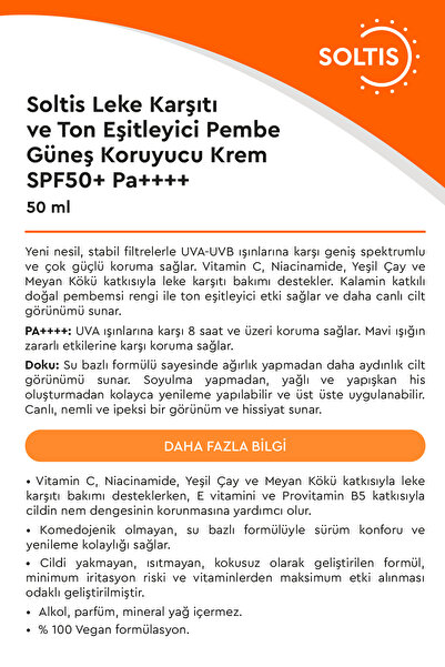 Soltis Ton Eşitleyici Pembe Güneş Koruyucu Krem SPF50+ Pa++++, 50 ml