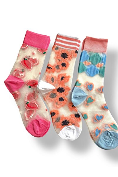 ZvM Pachet de 3 șosete transparente pentru femei în stil japonez coreean, Manolya Peach