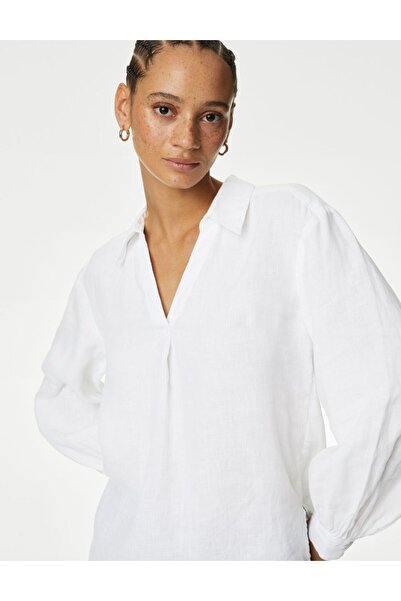 Marks & Spencer Uzun Kollu Keten Popover Bluz