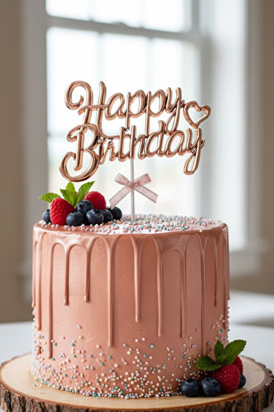 Baloncu Nene Rose Gold Happy Birthday Yazılı Pasta Üstü Süsleme Pasta Süsü Pa...