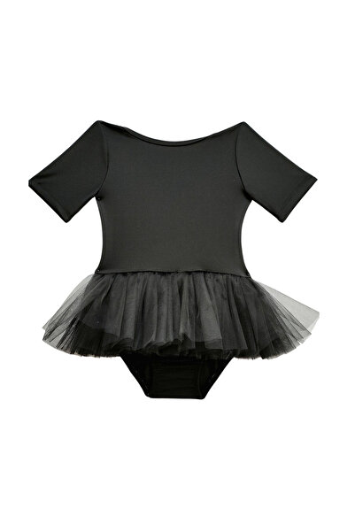 LULLY KİDS Kız Çocuk Siyah Kısa Kol Tütü Etekli Bale ve Cimnastik Mayosu