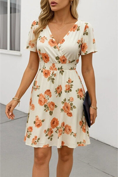 Bijuterria Γυναικείο κοντομάνικο κοντό φόρεμα με διπλό γιακά με σχέδιο μονόκλινο