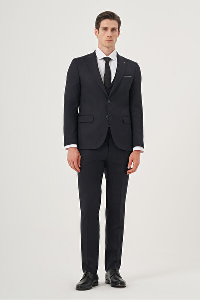 Morven Lacivert Yelekli Jakarlı Slim Fit Dar Kesim 6 Drop Erkek Takım Elbise