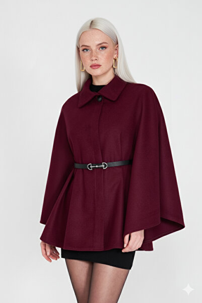 Shiron Sportswear&Company Women's Belted Burgundy Cashmere Poncho - Hijab Tunic