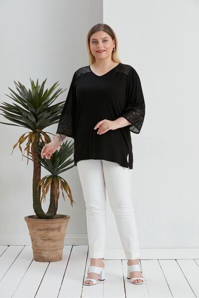 Orly More Βισκόζη ύφασμα Plus Size κοντομάνικο ώμου και μανίκι με λεπτομέρεια από βαμβακερή μπλούζα