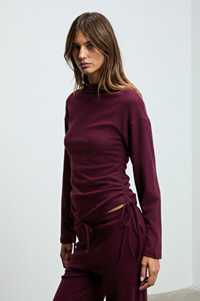 GRIMELANGE Kireyla Women's Soft and Flexible Fabric Burgundy Blouse with Functional Gathered Sides