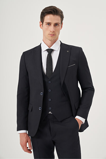 Morven Lacivert Yelekli Jakarlı Slim Fit Dar Kesim 6 Drop Erkek Takım Elbise