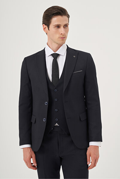 Morven Lacivert Yelekli Jakarlı Slim Fit Dar Kesim 6 Drop Erkek Takım Elbise