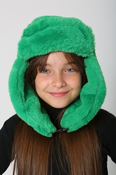 MARBERRY Green Girl's Beret - Plush Fur, Headphones, Snap Cap