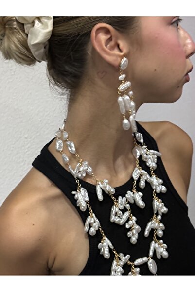 LYRA Barok İnci Detaylı Altın Rengi Sallantılı Küpe