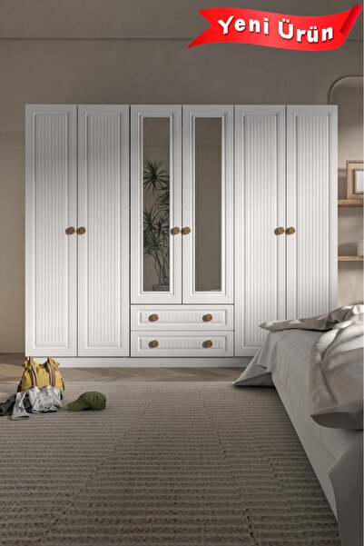 Platinreyon BOHEM 6 KAPAK 2 ÇEKMECE AYNALI GARDIROP MDF KAPAK