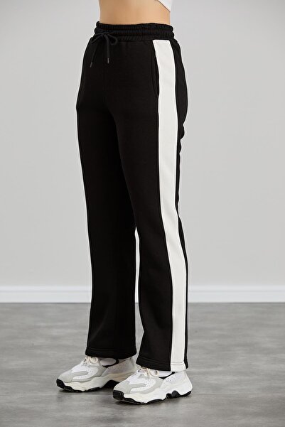 Sortie Γυναικείο ελαστικό στη μέση ψηλόμεσο μαύρο αθλητικό παντελόνι με τρία νήματα και πάνελ στο πλάι επένδυση fleece