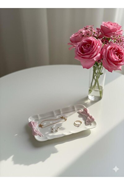 ALMİSH Pink Ribbon Tray with Decorative Bow, Plate, Jewelry Tray Handmade Plate