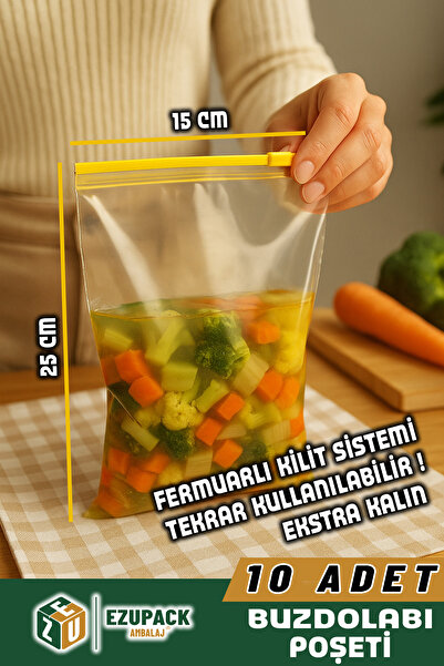 Ezupack 15x25cm FERMUARLI Difriz Derin Dondurucu Buzdolabı Poşeti Buzluk Düzenleyici Organizer Saklama Kabı
