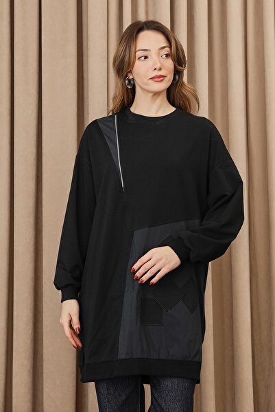 Puane Women's Zipper and Applique Detailed Tunic - 10734Tun - Black