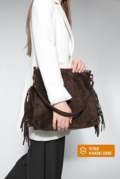 Marjin Women's Genuine Leather Tassel Detailed Hand and Shoulder Bag Soliga Brown Suede