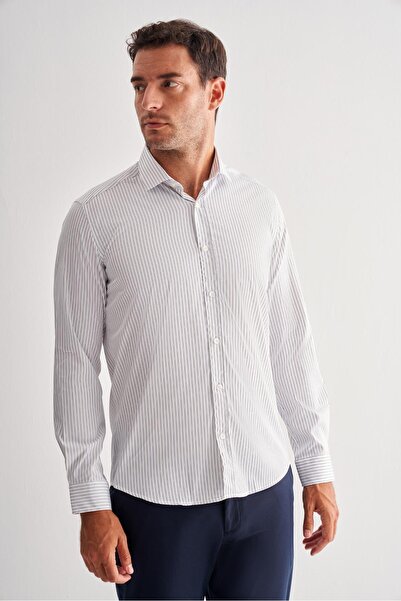 İmza Λευκό μισό-ιταλικό μακρυμάνικο πουκάμισο χωρίς τσέπες σε στενή γραμμή Cl...