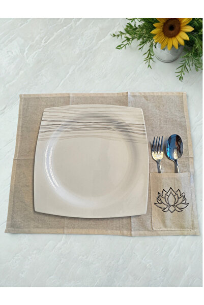 Menar Tasarım Set american de 6 bucăți din țesătură brodată cu flori de lotus...