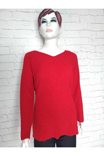 anne moda ankara Triko Işıltılı V Yaka Yanları Yırtmaçlı Kazak