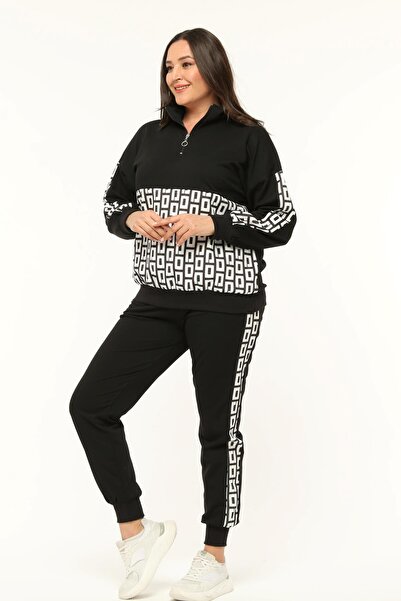 Ebsumu Дамски спортен екип с геометричен принт, полудълъг, с цип, в черно, за по-пълни дами