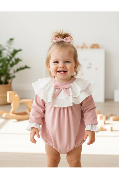 aysskids BRIELLA Uzun Kollu Özel Gün Bayramlık Fiyonk Detaylı Kız Bebek Romper