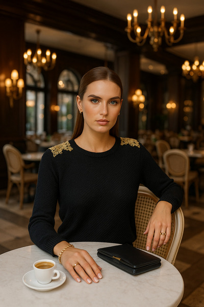 GZ Design Omuzları Gold Işlemeli Siyah Renk Triko Kazak