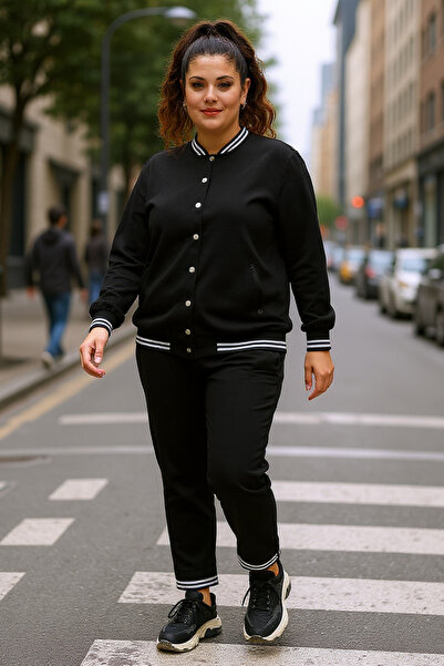 Ebsumu Γυναικείο Σετ Φόρμας Μαύρης Μεγάλου Μεγέθους με κούμπωμα