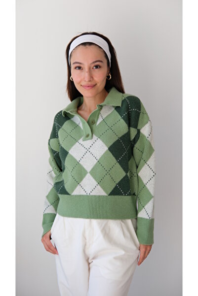 Butik Una Fiaba-Green Soft Textured Women's Knitwear Polo Neck Sweater