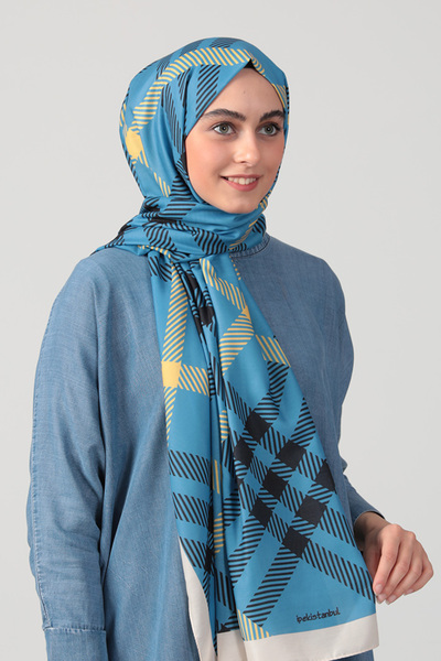 ipekistanbul Şal din mătase din bumbac - model în carouri - albastru