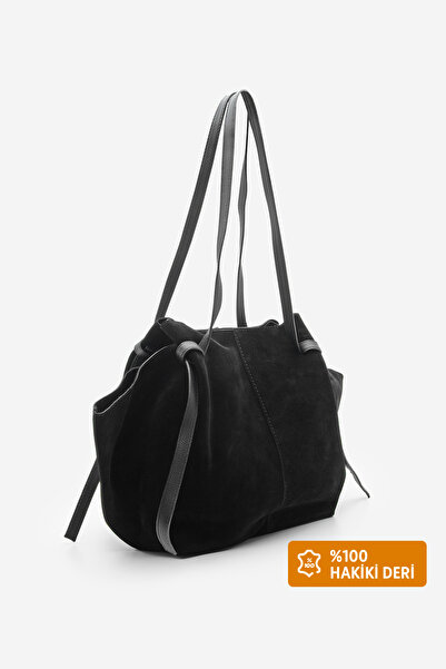 Marjin Kadın Hakiki Deri Shopper El ve Omuz Çantası Yorita Siyah Süet