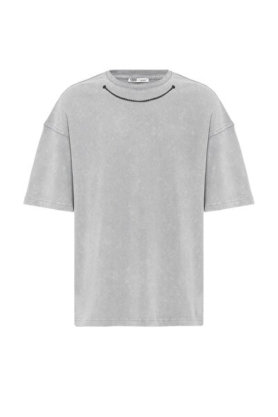 VAMOSCLO Μπλουζάκι oversized με λεπτομέρεια από αλυσίδα που πλένεται, γκρι